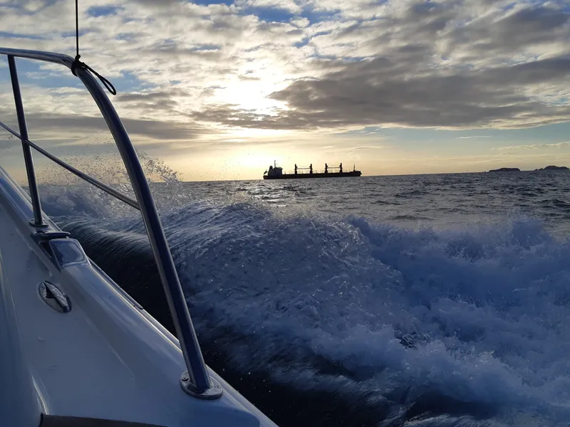 Bulk carrier ship at sea with a dramatic sky